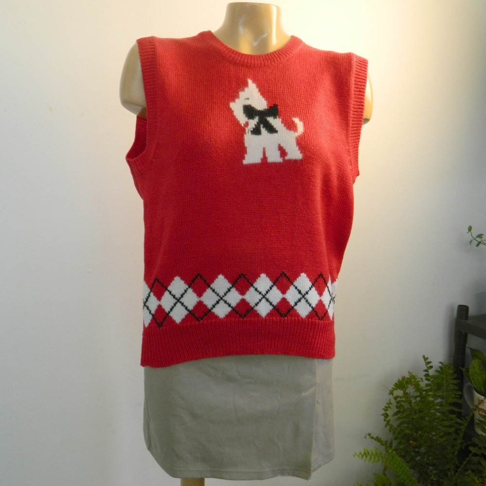 Crystal Sweater Vest Women Large Red Argyle Scottie Dog Crew Neck Vtg Angora